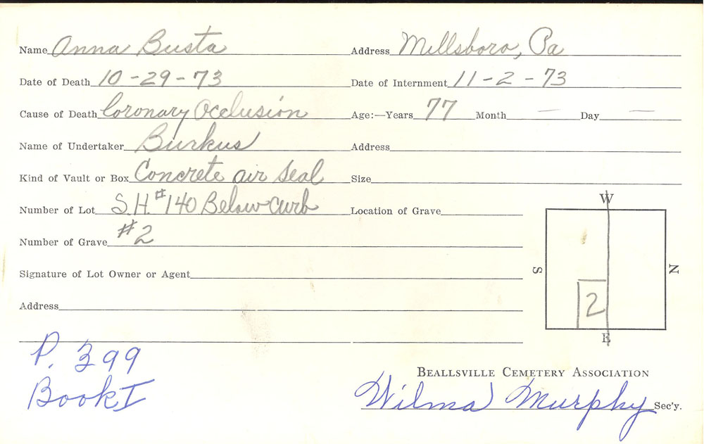 Anna Bushta burial card